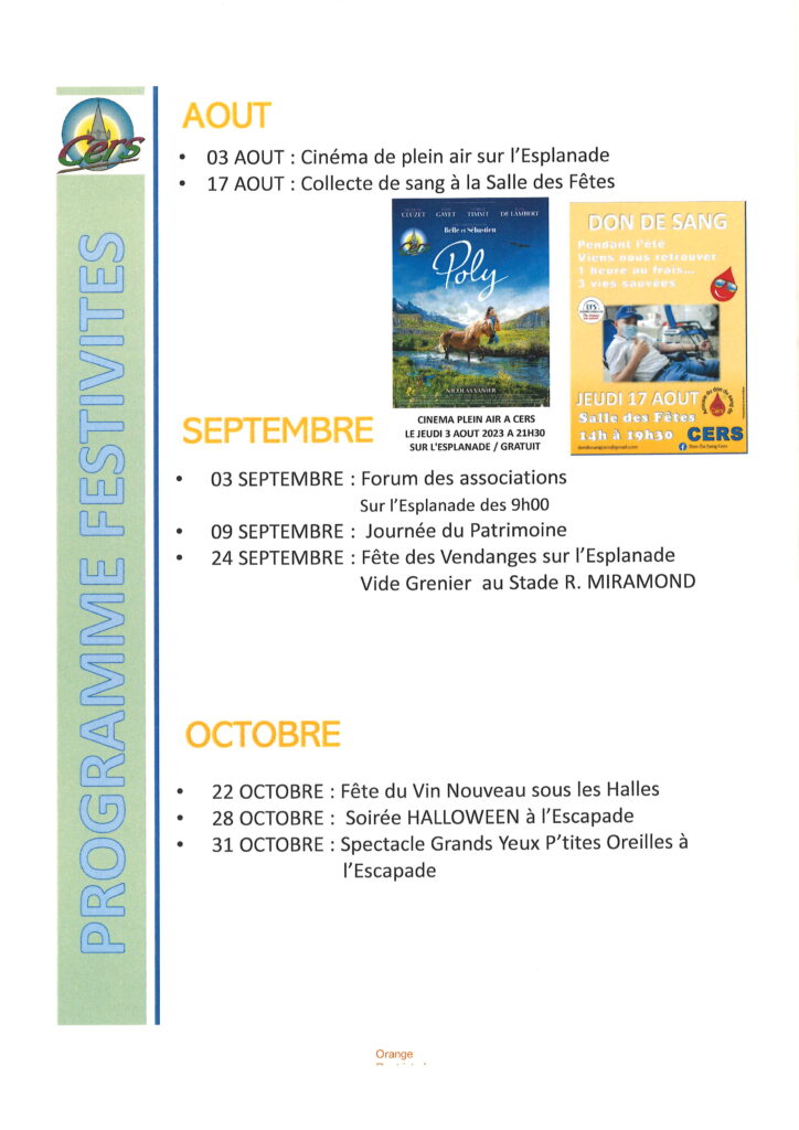 Programme des festivités à venir Ville de Cers