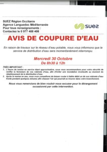 Suez : avis de coupure d’eau le 30 octobre