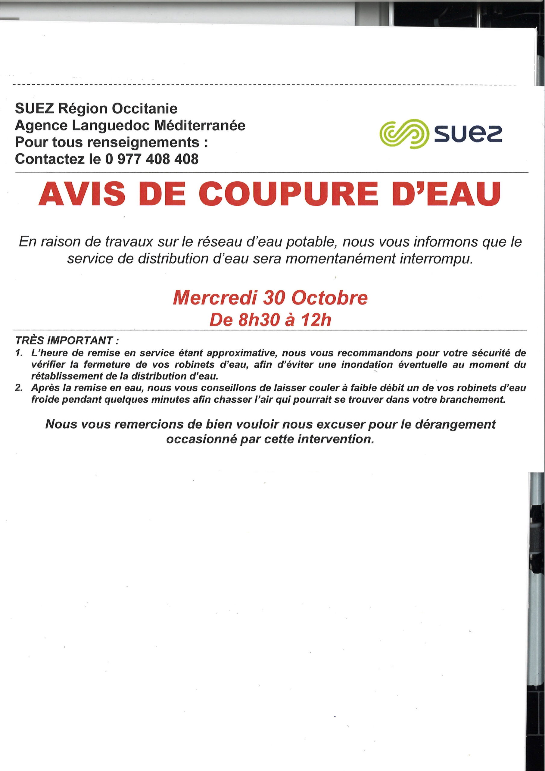 You are currently viewing Suez : avis de coupure d’eau le 30 octobre